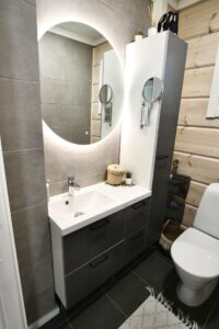 Harmaasävyiset WC-kalusteet.